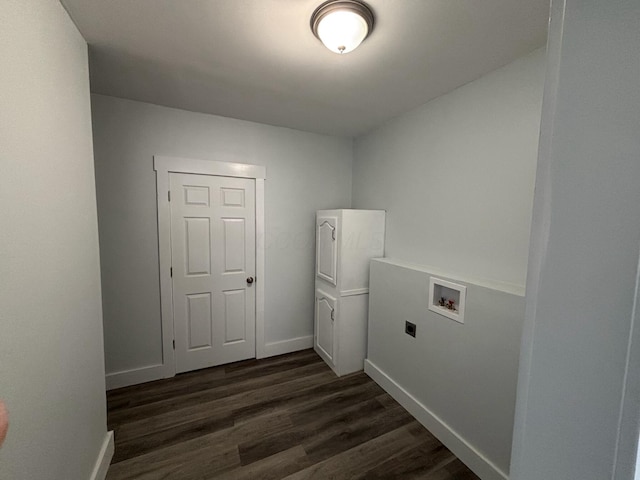 laundry room with hookup for an electric dryer, hookup for a washing machine, cabinets, and dark wood-type flooring