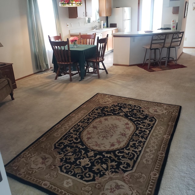 carpeted dining area with plenty of natural light