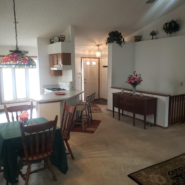 dining room with light carpet, vaulted ceiling, and a textured ceiling