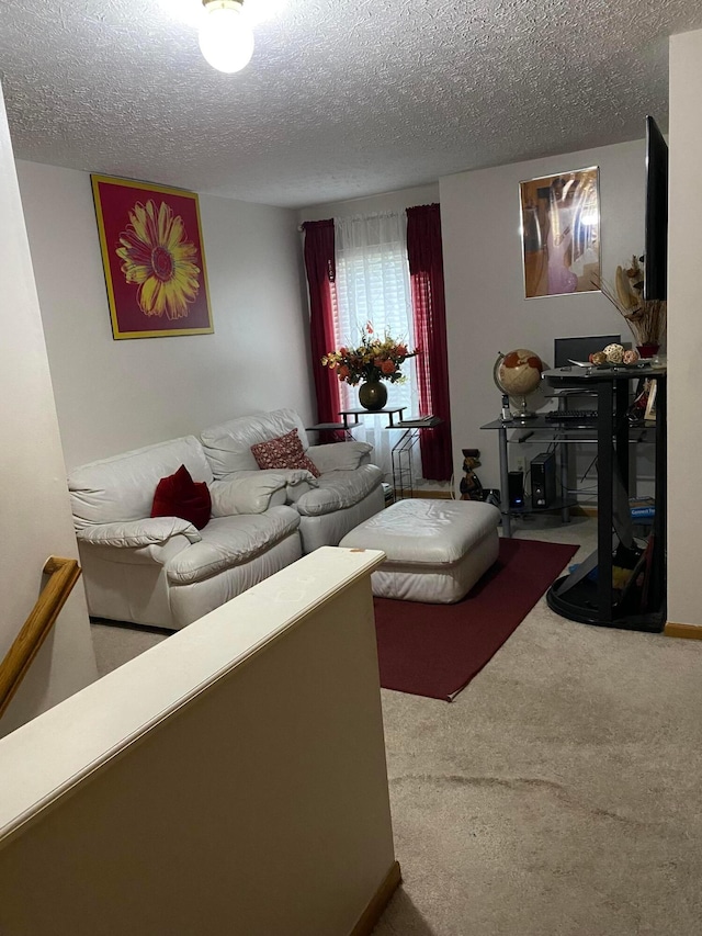 living room with carpet and a textured ceiling