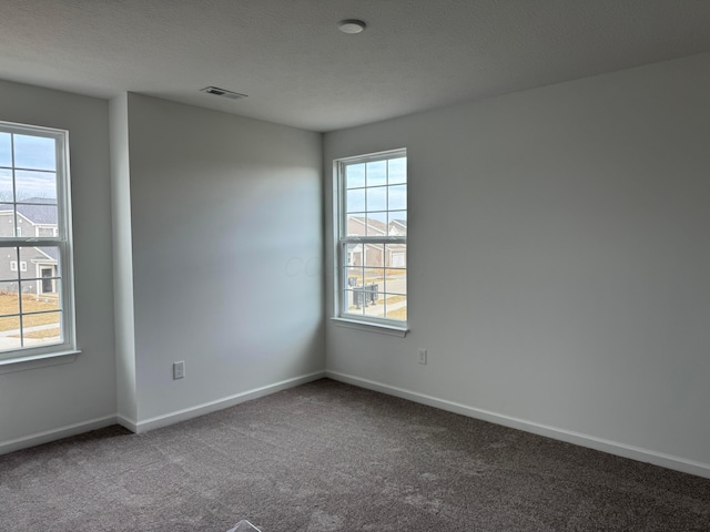 carpeted spare room with a textured ceiling