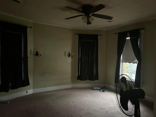 interior space with ceiling fan, carpet floors, and ornamental molding