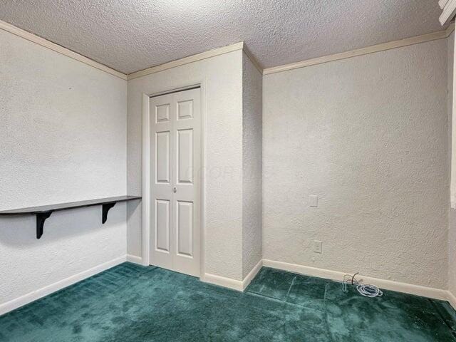 carpeted spare room with a textured ceiling and ornamental molding