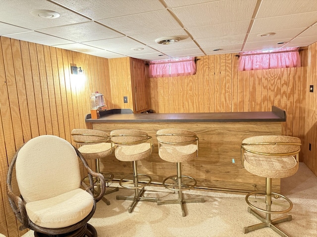 bar with a paneled ceiling, wood walls, and carpet floors