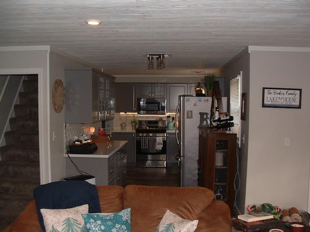 living room with crown molding