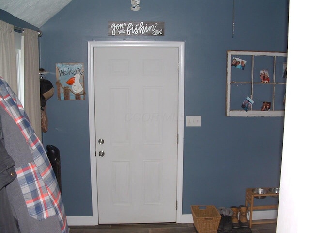 foyer entrance featuring hardwood / wood-style flooring and vaulted ceiling