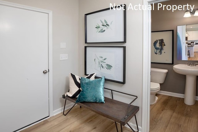 interior space featuring baseboards, a sink, toilet, and wood finished floors