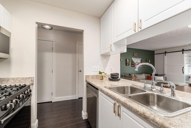 kitchen with appliances with stainless steel finishes, dark wood-type flooring, sink, a barn door, and white cabinetry