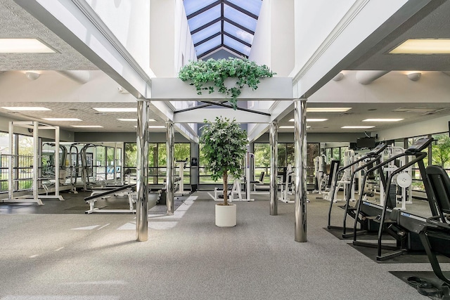 exercise room with high vaulted ceiling