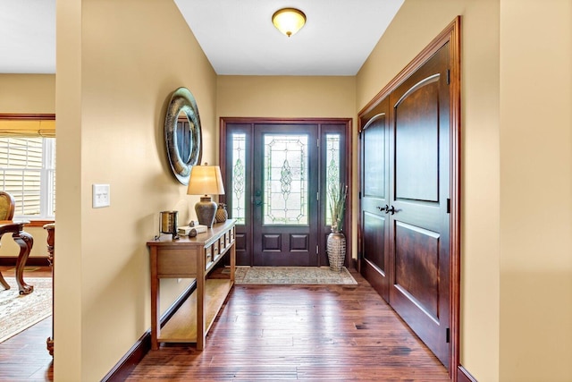 entrance foyer with dark wood-type flooring and a wealth of natural light