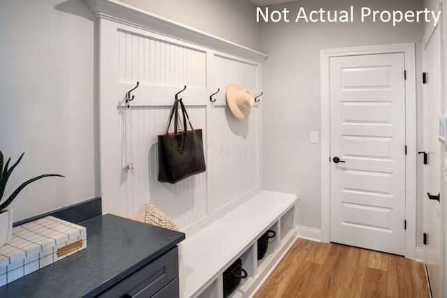 mudroom with light hardwood / wood-style floors