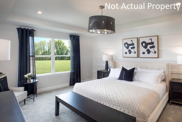 carpeted bedroom featuring a raised ceiling