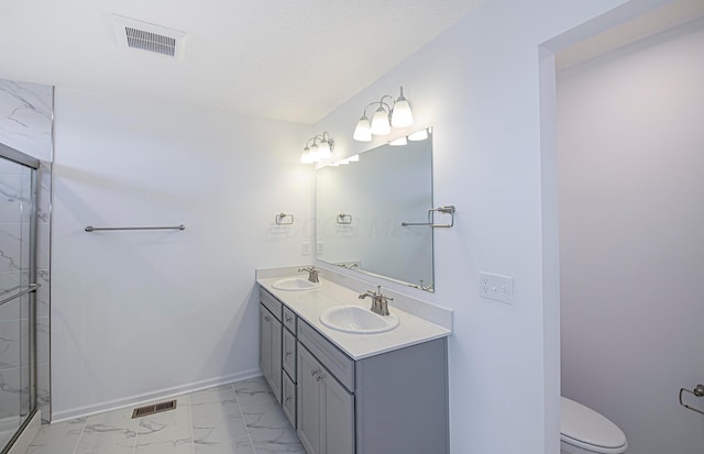 full bathroom with a shower stall, visible vents, marble finish floor, and a sink
