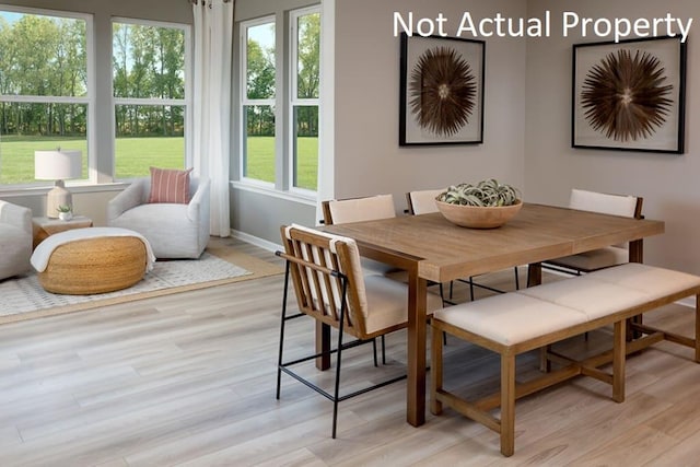 dining area featuring plenty of natural light and light hardwood / wood-style flooring