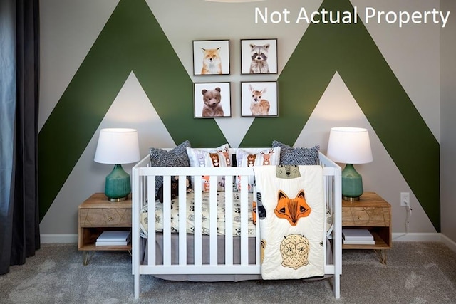 carpeted bedroom with a crib