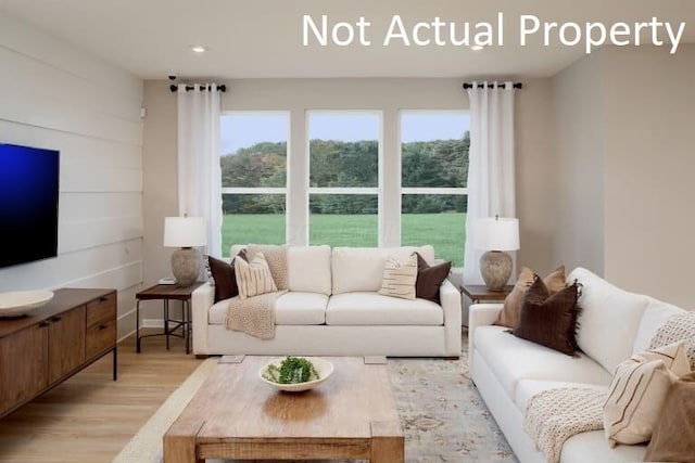 living room with a healthy amount of sunlight and light hardwood / wood-style flooring