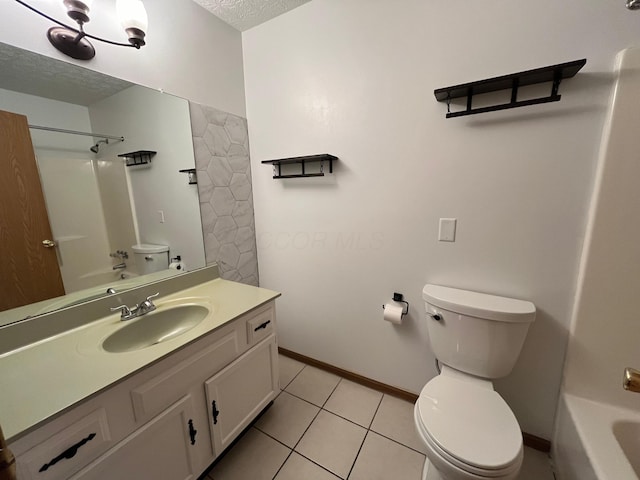 full bathroom featuring tile patterned floors, vanity, a textured ceiling, washtub / shower combination, and toilet