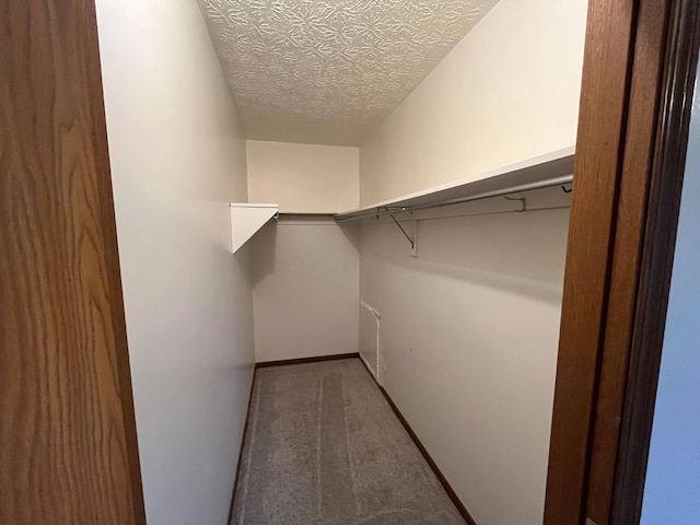 walk in closet featuring dark colored carpet