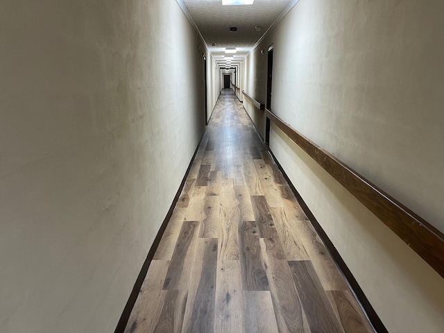 hall with light hardwood / wood-style floors and ornamental molding