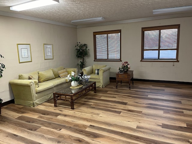 living room with crown molding, hardwood / wood-style floors, and a textured ceiling