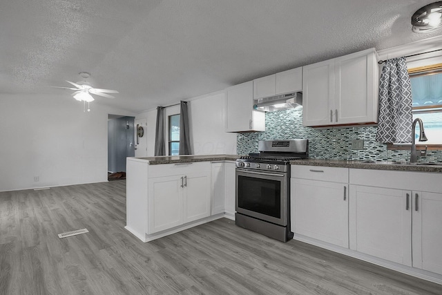 kitchen featuring gas range, sink, extractor fan, light hardwood / wood-style floors, and white cabinets