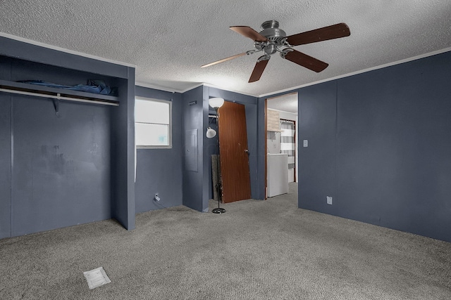 4141 Kershaw Dr, Columbus, OH 43207 - unfurnished bedroom featuring carpet flooring, a textured ceiling, a ceiling fan, and ornamental molding