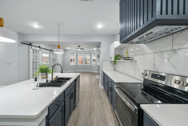 kitchen with sink, stainless steel appliances, a barn door, decorative light fixtures, and exhaust hood