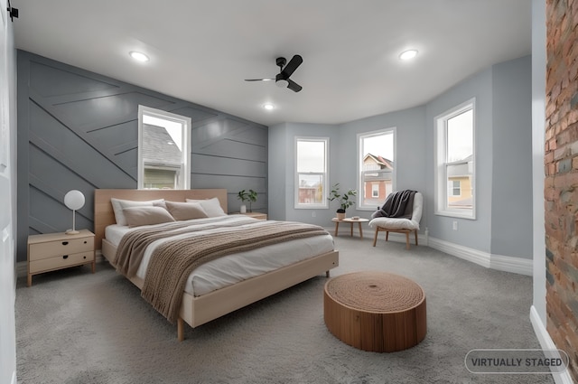 bedroom featuring carpet flooring and ceiling fan