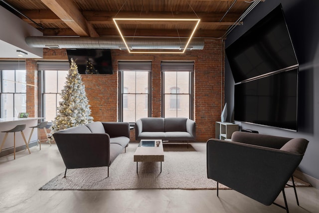 living room featuring concrete flooring and wood ceiling