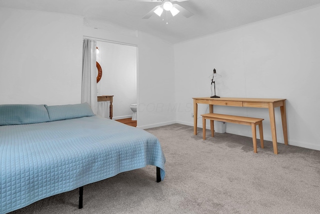 bedroom with ceiling fan, carpet floors, and ornamental molding