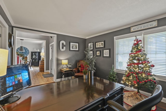 office space featuring hardwood / wood-style floors and crown molding