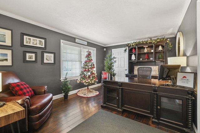 home office featuring dark wood-type flooring and crown molding