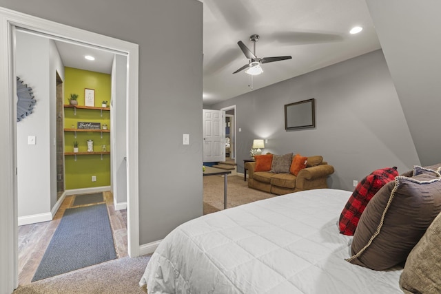 bedroom featuring ceiling fan and carpet floors