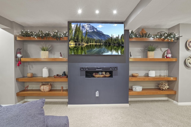 interior space featuring light colored carpet