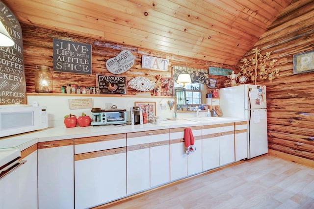 kitchen featuring white cabinets, lofted ceiling, white appliances, and wooden ceiling