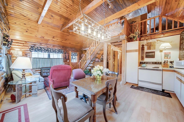 dining room with beam ceiling, light wood-type flooring, high vaulted ceiling, and wooden ceiling