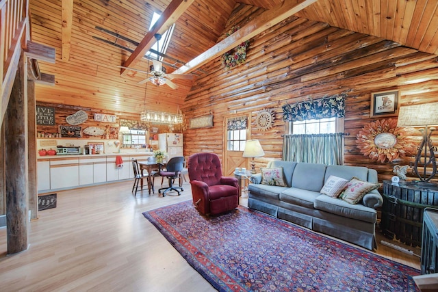 living room featuring rustic walls, high vaulted ceiling, wood ceiling, and light wood-type flooring