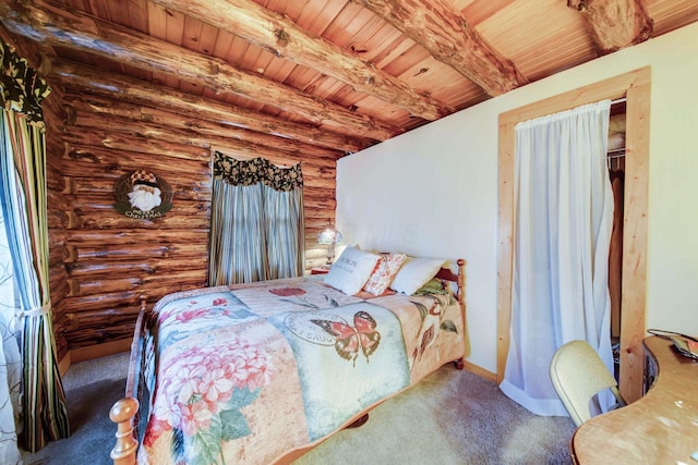 bedroom featuring beamed ceiling, rustic walls, and wood ceiling