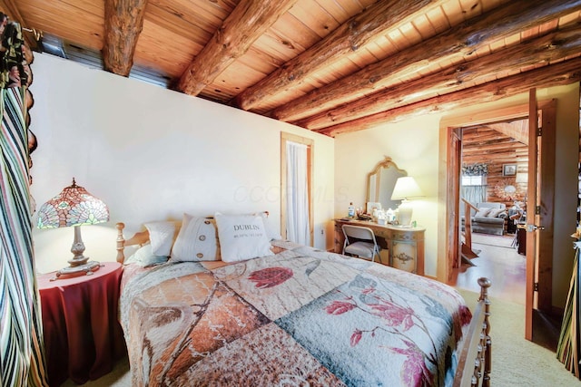 bedroom with beamed ceiling and wood ceiling