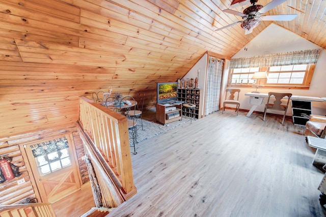 unfurnished office featuring light wood-type flooring, vaulted ceiling, ceiling fan, and wooden ceiling