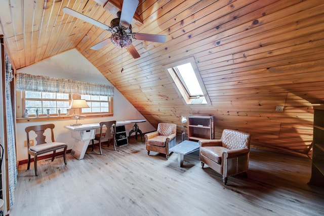 living area featuring ceiling fan, wooden ceiling, lofted ceiling with skylight, wood walls, and hardwood / wood-style flooring