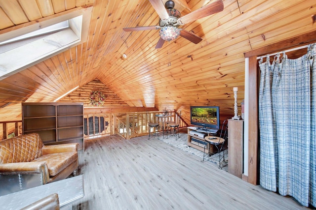 unfurnished room with wood walls, wooden ceiling, vaulted ceiling, and wood-type flooring