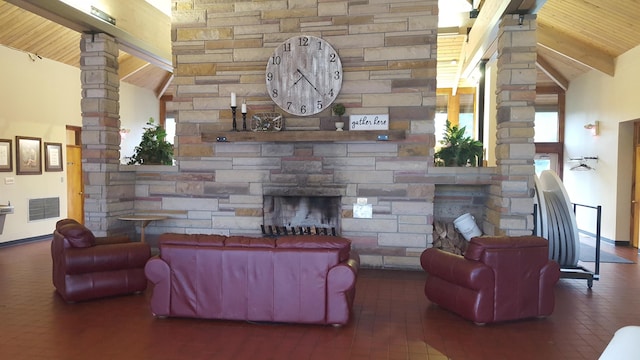 living room with dark hardwood / wood-style floors, wood ceiling, high vaulted ceiling, and ornate columns