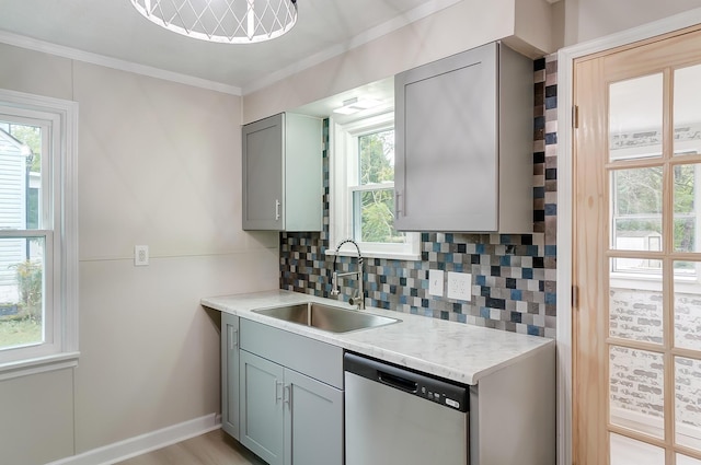 kitchen featuring sink, gray cabinets, ornamental molding, decorative backsplash, and stainless steel dishwasher