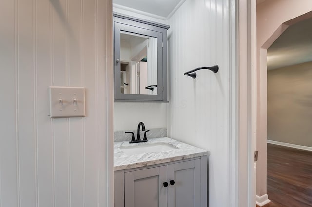 bathroom with vanity and wood-type flooring