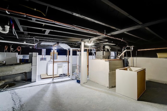 basement with separate washer and dryer and water heater