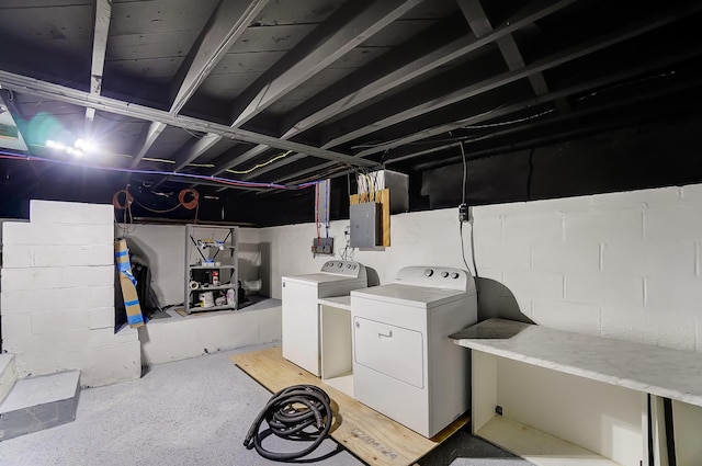 basement featuring electric panel and washer and dryer