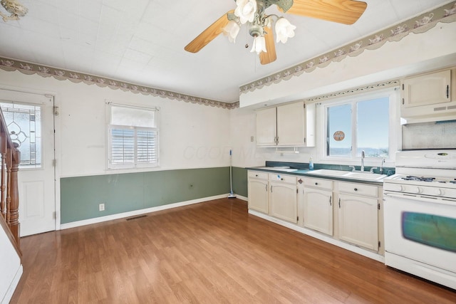 kitchen featuring a healthy amount of sunlight, light wood-type flooring, and white stove