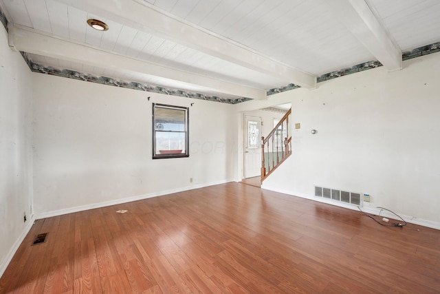 spare room featuring beamed ceiling, wooden ceiling, and hardwood / wood-style flooring