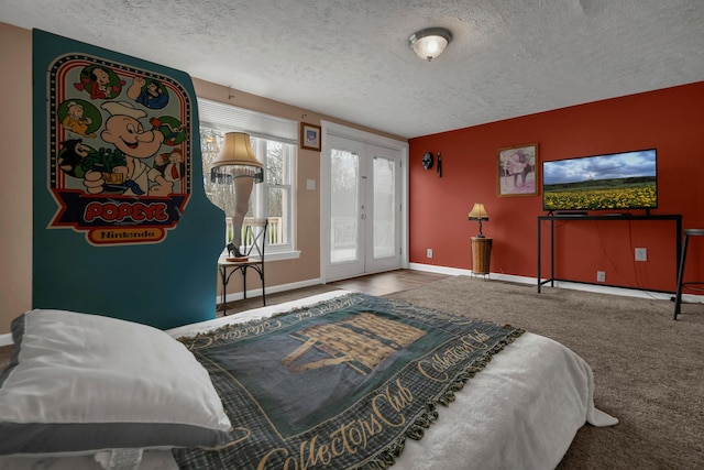 bedroom featuring carpet flooring, access to exterior, french doors, and a textured ceiling